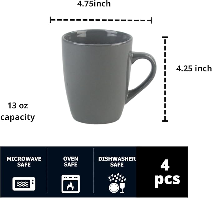 Coupe Stoneware Set of 4 Coffee Mugs, Dark Gray