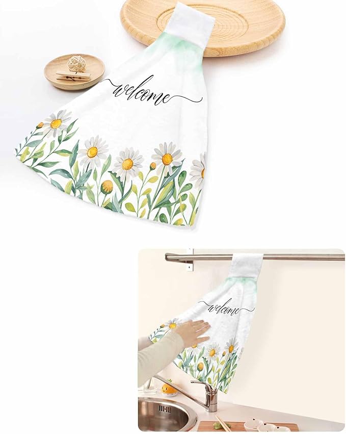 Alandar Home Kitchen Tie Towel Set of 1, Pastoral Farm Daisy Flowers Absorbent Soft Hand Towels for Bathroom Hanging Towels, Welcome on Gradient Green Fast Drying Cleaning Cloth with Loop