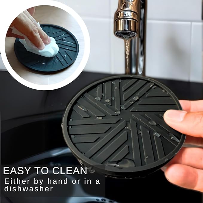 Silicone Coasters Set of 6 with Gold Holder - Smart and Modern Design That Holds Your Drink’s Condensation Protect Your Coffee Table, Decor for Home, Office, bar, Kitchen - Black