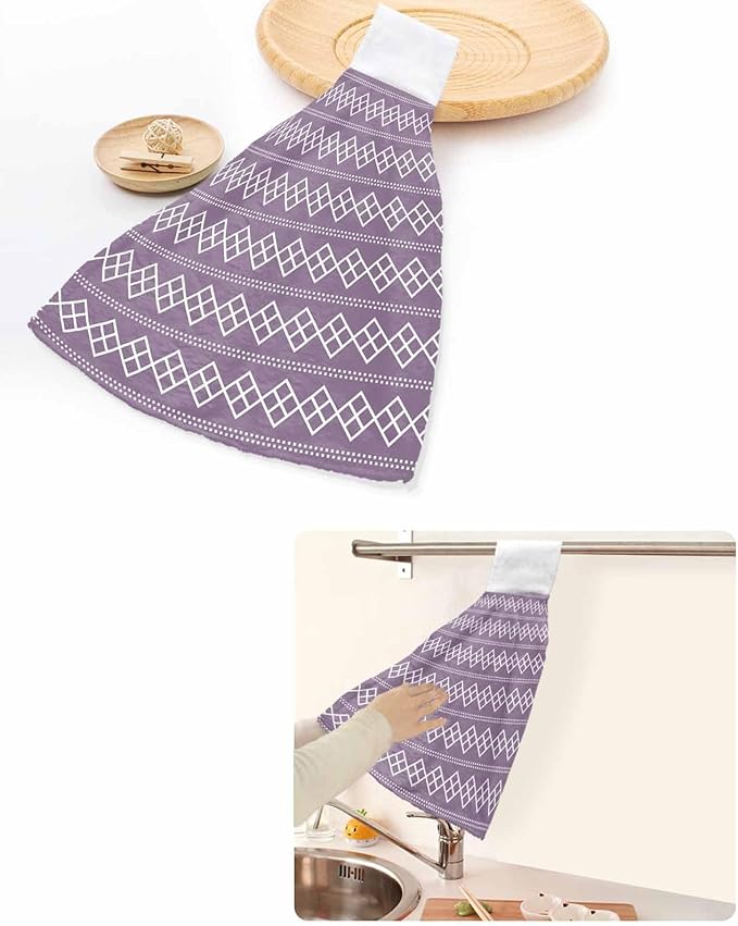 Alandar Home Kitchen Tie Towel Set of 2, Geometric White Purple Square Dot Absorbent Soft Hand Towels for Bathroom Hanging Towels, Modern Abstract Check Texture Fast Drying Cleaning Cloth with Loop