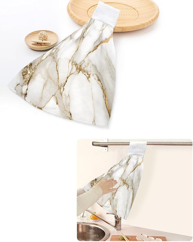 Alandar Home Kitchen Tie Towel Set of 2, Abstract Marble Gold Stripe Art Absorbent Soft Hand Towels for Bathroom Hanging Towels, Watercolor Natural White Stone Fast Drying Cleaning Cloth with Loop
