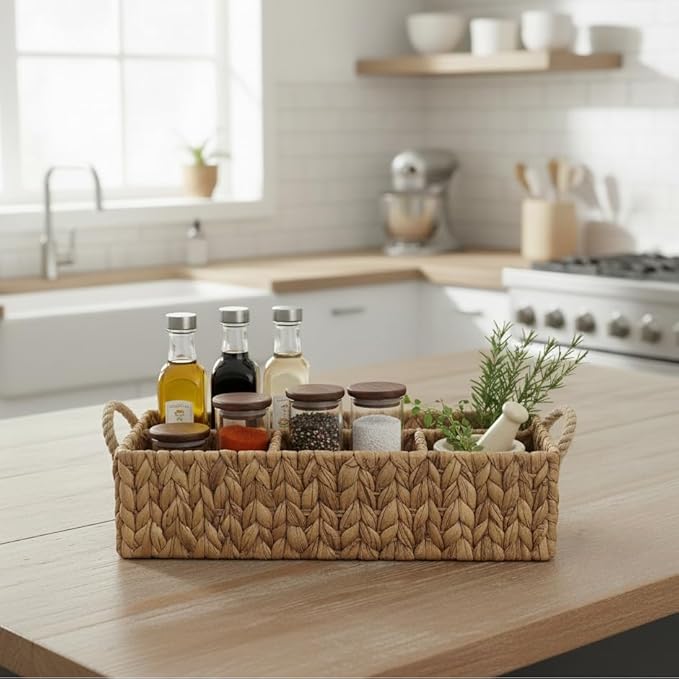 Storage Basket with Handles, Water Hyacinth Storage Baskets, Wicker Diaper Caddy, Basket with dividers, Countertop Organizer for Bathroom, Living Room, Home(15.75*11.03*5.52 inches)