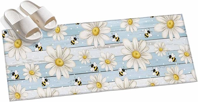 Runner Rug for Bedroom Hallway, Watercolor White Daisy Floral Bee Kitchen Runner Rugs Area Rug 2x6ft, Rustic Light Blue Wood Plank Washable Soft Floor Carpet for Entryway Stair
