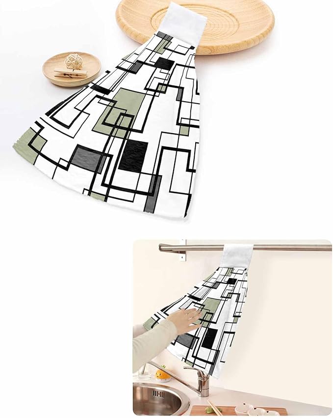 Alandar Home Kitchen Tie Towel Set of 2, Abstract Geometric Lines Art Absorbent Soft Hand Towels for Bathroom Hanging Towels, Green Black Color Block Fast Drying Cleaning Cloth with Loop