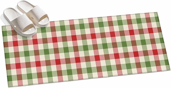 Runner Rug for Bedroom Hallway, Vintage Pastoral Red Green Buffalo Gingham Kitchen Runner Rugs Area Rug 2x6ft, Christmas Plaid Washable Soft Floor Carpet for Entryway Stair