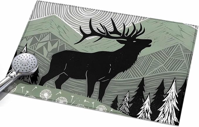 Area Rug 2x3ft, Black Wildlife Elk Washable Rugs for Living Room Bedroom, Bohemian Green Mountain Peaks Soft Non-Slip Area Rugs Rectangle Floor Carpet for Dining Room