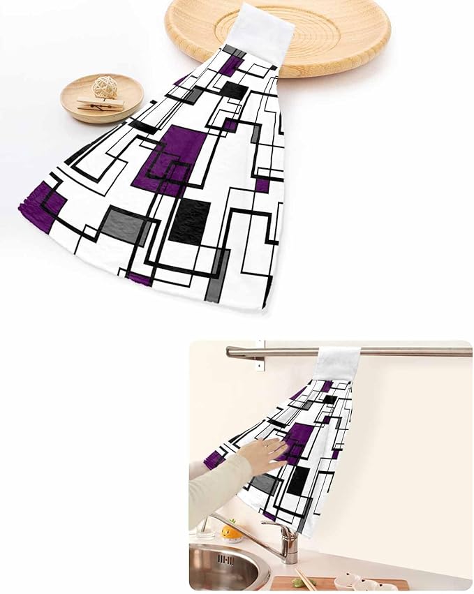 Alandar Home Kitchen Tie Towel Set of 2, Abstract Geometric Lines Art Absorbent Soft Hand Towels for Bathroom Hanging Towels, Purple Black Color Block Fast Drying Cleaning Cloth with Loop