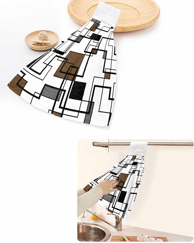 Alandar Home Kitchen Tie Towel Set of 2, Brown Black Geometric Lines Art Absorbent Soft Hand Towels for Bathroom Hanging Towels, Abstract Color Block Fast Drying Cleaning Cloth with Loop
