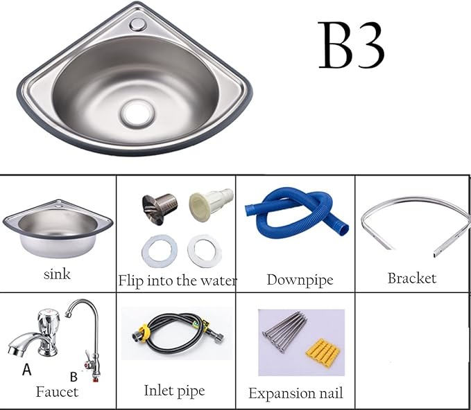 Wall-Mounted Wash Basin,Stainless Steel Hand Washing Station, Commercial Kitchen Sink with Faucet, Kitchen Corner Sink for Washing Food Prep (Color : Silver, Size : B(34x34cm)) (Silver B3(34x34cm