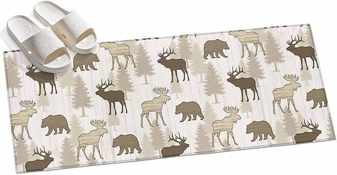Runner Rug for Bedroom Hallway, Animal Moose Bears Kitchen Runner Rugs Area Rug 2x6ft, Retro Rustic Pine Trees Washable Soft Floor Carpet for Entryway Stair