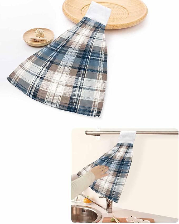 Alandar Home Kitchen Tie Towel Set of 2, Vintage Geometric Plaid Absorbent Soft Hand Towels for Bathroom Hanging Towels, Blue Brown Color Block Fast Drying Cleaning Cloth with Loop