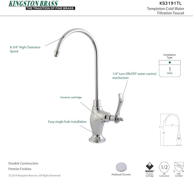 Kingston Brass Gourmetier KS3191TL Templeton Design 1/4 Turn Water Filter Faucet, Polished Chrome