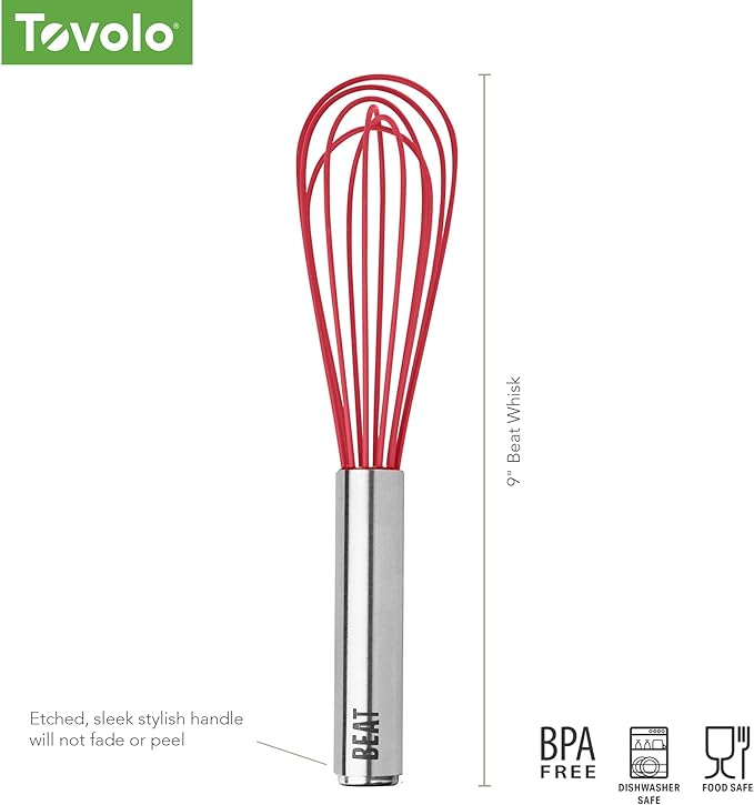 Tovolo Whisk 9 Inch Heavy Duty Silicone Wire Stainless Steel Whisker for Cooking Baking Blending Mixing Stirring Whipping Whisking, Dishwasher Safe Classic French Wire Whisk, Cayenne Red