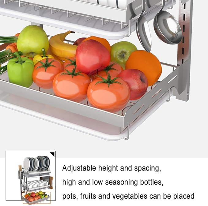 Stainless Steel Dish Rack with Drain Pan - Wall-Mounted 2/3 Layers for Efficient Kitchen Drying and Space-Saving,3 Layers High21.9in