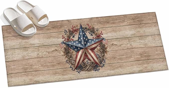 Runner Rug for Bedroom Hallway, Independence Day USA Flag Star Kitchen Runner Rugs Area Rug 2x6ft, Farm Wood Background Washable Soft Floor Carpet for Entryway Stair
