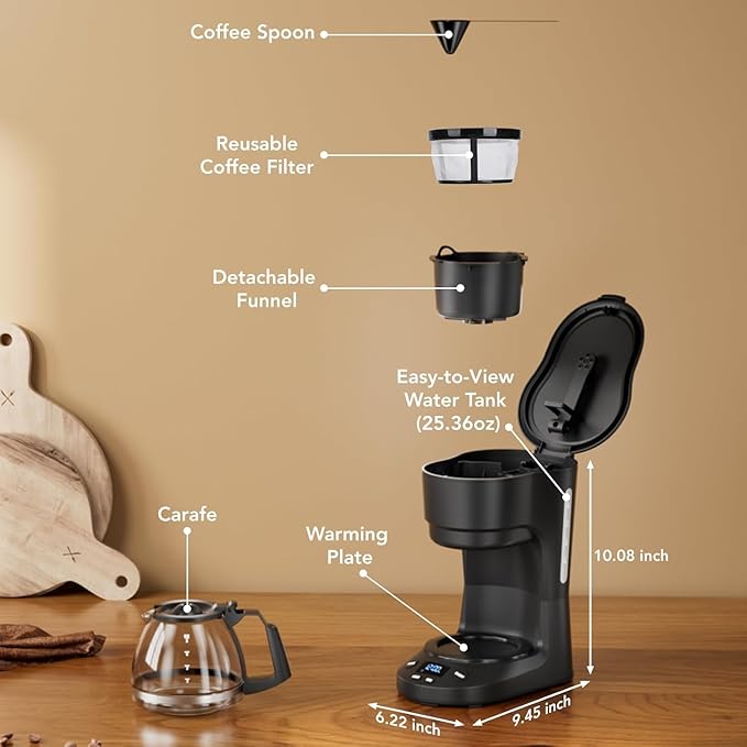 Electactic 5 Cup Programmable Drip Coffee Maker, 24H Delay Brew, 2H Keep Warm & Auto Shut Off, Pause & Serve, Reusable Filter, Glass Coffee Pot, Small Coffee Machine for Home Office