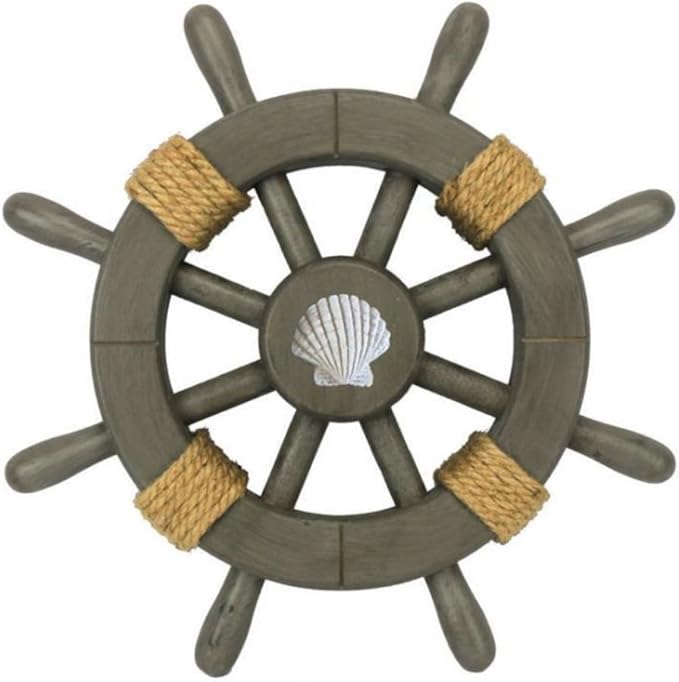 Hampton Nautical Decorative Ship Wheel with Seashell, 12", Antique
