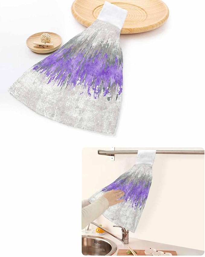 Alandar Home Kitchen Tie Towel Set of 2, Abstract Purple Grey Graffiti Absorbent Soft Hand Towels for Bathroom Hanging Towels, Modern Minimalist Art Fast Drying Cleaning Cloth with Loop