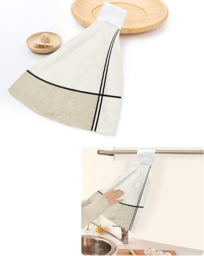 Alandar Home Kitchen Tie Towel Set of 2, Abstract Modern Minimalist Art Absorbent Soft Hand Towels for Bathroom Hanging Towels, Lines Color Burlap Splicing Fast Drying Cleaning Cloth with Loop