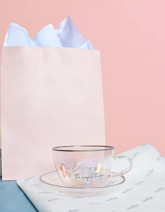 Pavilion Gift Company - Enjoy The Simple Things - 7-ounce Glass Teacup with Saucer Set, Iridescent Coffee Cup, Butterfly Teacup, 1 Count - Pack of 2