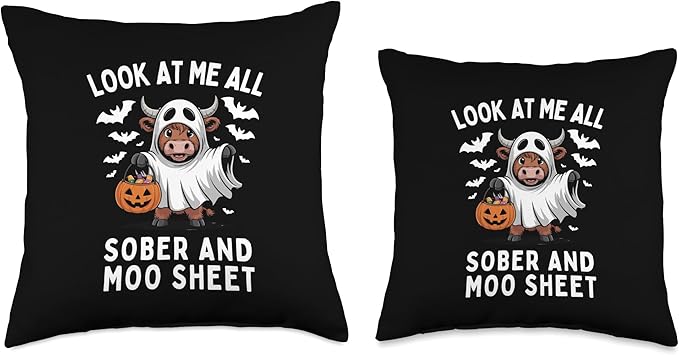 Look at Me All Sober and Moo Sheet Funny Halloween Cow Throw Pillow