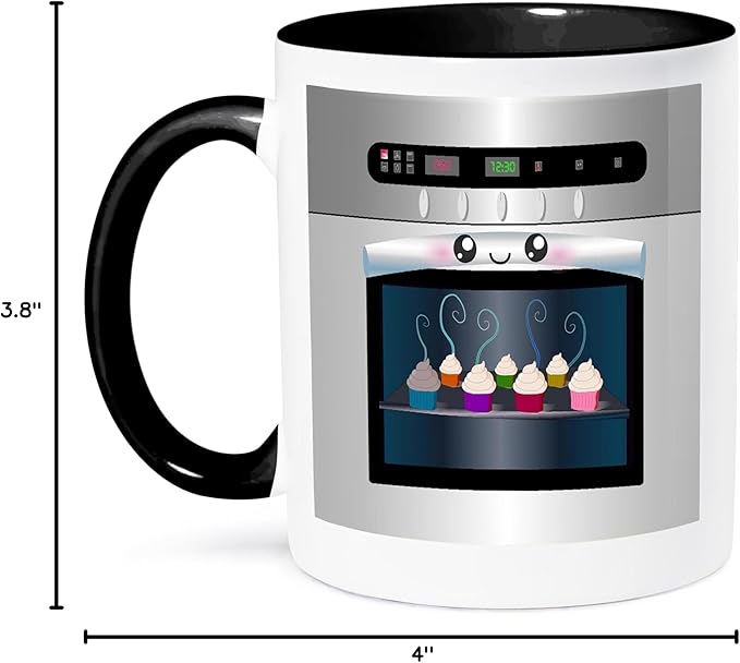 3dRose Cute kawaii happy smiling oven filled with baking cupcakes - for chefs foodies and cooking fans 11oz Two-Tone Black Mug