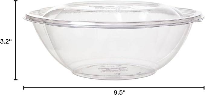 Eco-Products Compostable Clear PLA Plastic 64oz Large Salad Bowl With Lid, Case of 150, Grab 'n' Go Round Cold Takeout Food Containers, Renewable Plant-Based, Disposable, ASTM Compliant, BPI-Certified