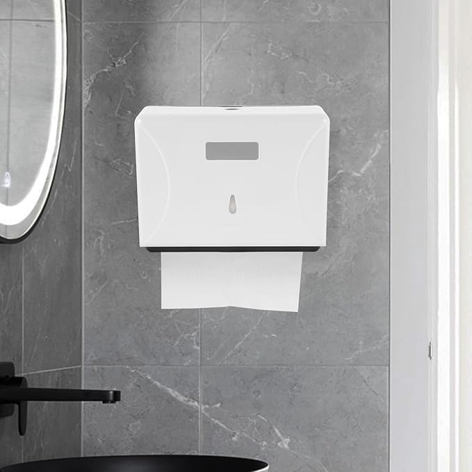 Tofficu Punch-Free Wall-Mounted Paper Towel Dispenser with Adhesive, Bathroom Tissue Holder for Kitchen Office Home, White Multifunctional Touchless Tissue Box for Commercial and Household