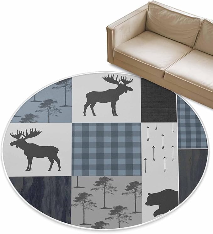 Round Area Rug,Elk Bear Jungle Animal Shadow Circle Living Room Rug Non-Slip Rugs Indoor Carpet,Retro Blue Plaid Soft Comfort Rugs for Bedroom KidsRoom Nursery