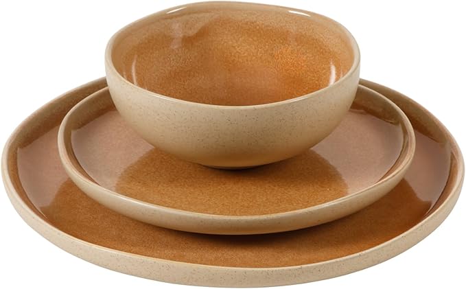 Gibson Elite Manila Bay 12-Piece Stoneware Dinnerware Set, Service for 4, Reactive Glaze Modern Artisan Plates, Bowls & Mugs, Orange, Round Design