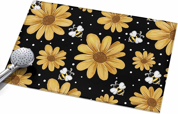 Area Rug 2x3ft, Summer Daisy Flower Bee on Black Washable Rugs for Living Room Bedroom, Spring Watercolor Floral Soft Non-Slip Area Rugs Rectangle Floor Carpet for Dining Room