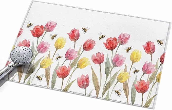 Area Rug 2x3ft, Red Pink Yellow Tulips Bees Washable Rugs for Living Room Bedroom, Watercolor Flower Leaves Soft Non-Slip Area Rugs Rectangle Floor Carpet for Dining Room