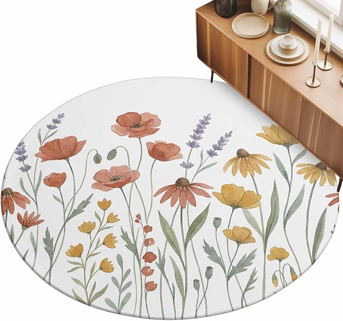 Washable Round Area Rug Watercolor Daisies Lavender Circle Rugs Floor Carpet for Living Room Bedroom, Country Floral Art Soft Non Slip Round Rug 5ft