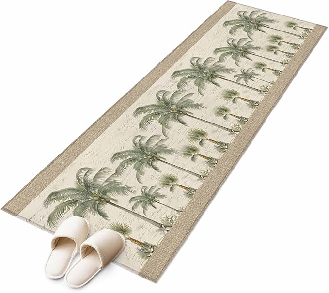 Runner Rug for Bedroom Hallway, Coastal Tropical Olive Green Palm Trees Kitchen Runner Rugs Area Rug 2x6ft, Classic Retro Linen Washable Soft Floor Carpet for Entryway Stair