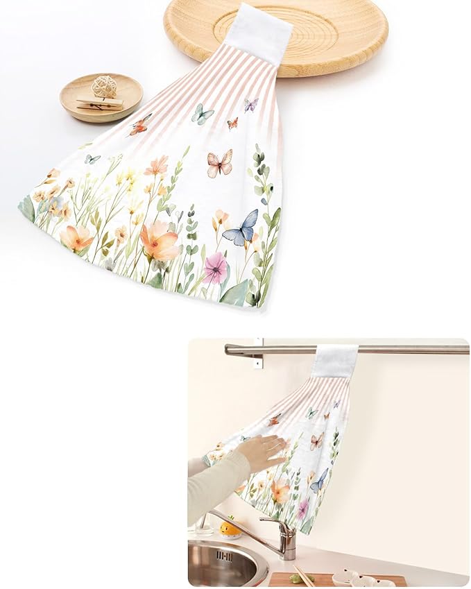 Alandar Home Kitchen Tie Towel Set of 2, Pastoral Floral Leaf Flying Butterfly Absorbent Soft Hand Towels for Bathroom Hanging Towels, Gradient Orange Stripes Fast Drying Cleaning Cloth with Loop