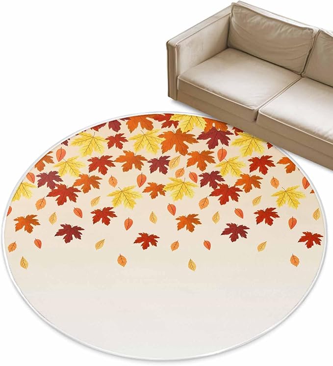 Round Area Rug,Fall Orange Maple Leaf Watercolor Circle Living Room Rug Non-Slip Rugs Indoor Carpet,Thanksgiving Fallen Leaves Seamless Soft Comfort Rugs for Bedroom KidsRoom Nursery