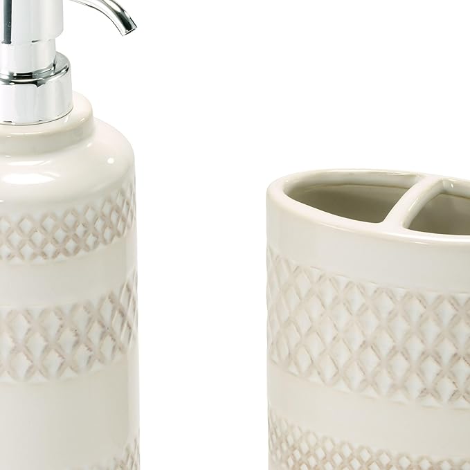 Nicole Miller – Bathroom Accessory Set, Toothbrush Holder and Lotion Dispenser, Glossy Embossed Ceramic Reactive Glaze Detail, Classic Home Decor – Perfect for Organizing Bathroom Essentials (Lyra)