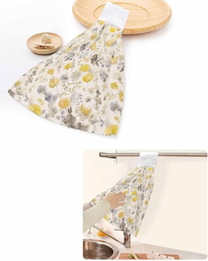 Alandar Home Kitchen Tie Towel Set of 1, Pastoral Yellow Grey Flowers Absorbent Soft Hand Towels for Bathroom Hanging Towels, Floral Branch on Rustic Linen Fast Drying Cleaning Cloth with Loop