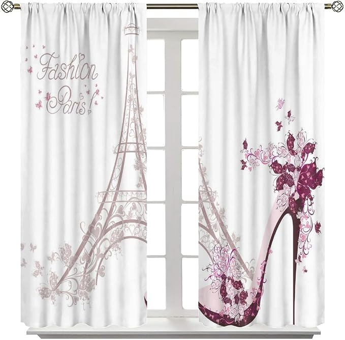 High Heel Shoe Curtains, Girls Lady Floral Eiffel Tower Cloth Farbic Window Treatment Curtains Bedroom Dining Room Living Room Office Kitchen Cafe Drapes, 84x84 in