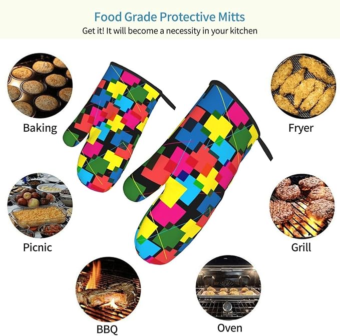 Colored Geometric Square Joined Patterns Oven Mitts of 2-Pack Set, Kitchen Gloves Heat Resistant Non-Slip Kitchen Mitts Safe Cooking Baking Grilling