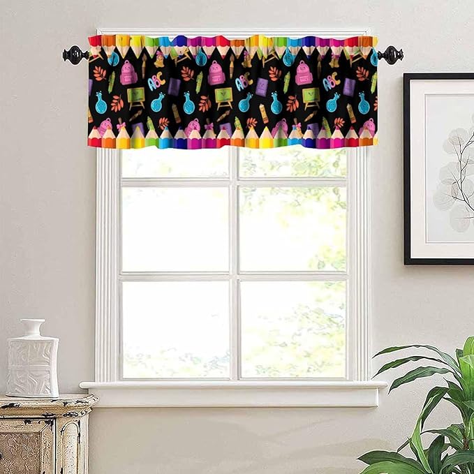 School Supplies Valance, Colorful Cartoon Crayon Pencil Educational Learning Window Treatment for Kitchen Bedroom Study Room Classroom, 54x18Inch