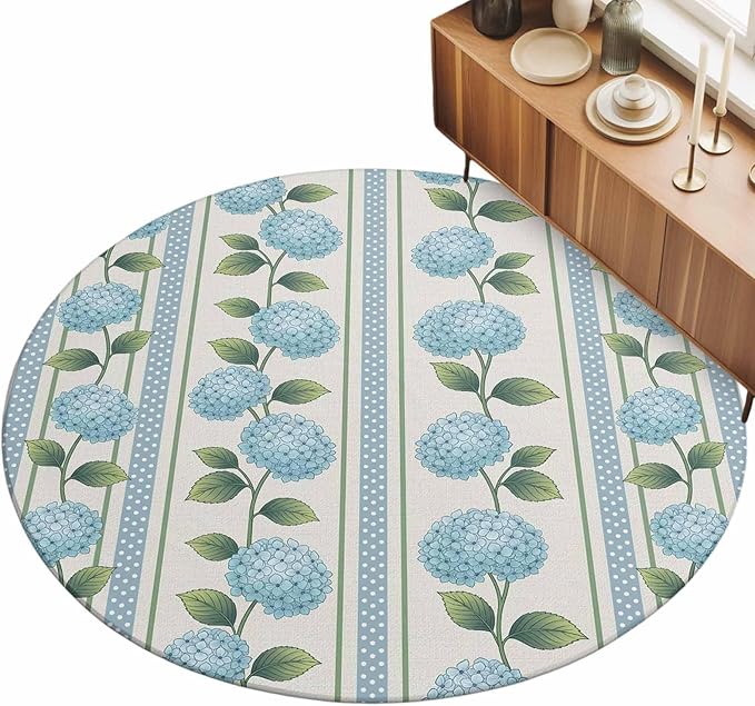 Washable Round Area Rug Spring Blue Flower Hydrangea Leaf Circle Rugs Floor Carpet for Living Room Bedroom, Floral Stripes on Linen Soft Non Slip Round Rug 5ft