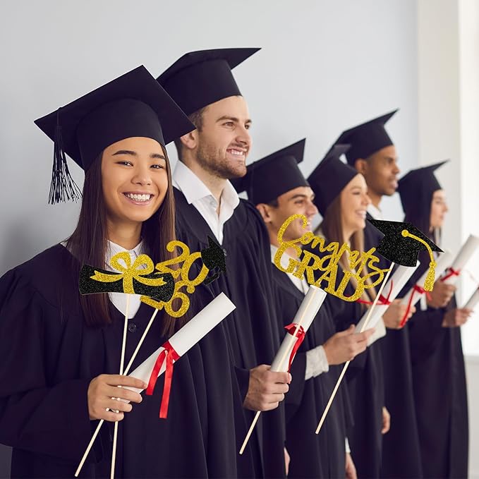Graduation Decorations 2026, 16 PCS Gold and Black Double Sided Graduation Centerpieces Stick Glitter for Tables, Table Toppers Set for Class of 2026 Congrats Grad Party Supplies (Black)