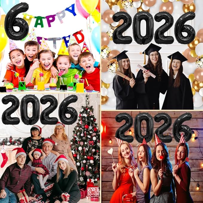 2026 Balloons, 2026 Number Balloons, 2026 Black Balloon, Foil Happy New Year Balloon for New Year Eve Party Supplies 2026 Graduation Decorations Anniversary Birthday Home Office Decorations, 16 Inch