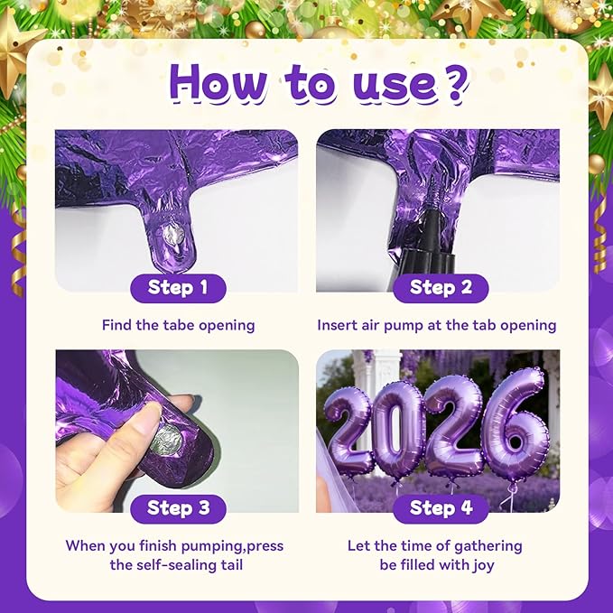 Purple 2026 Balloons, Large 32 Inch Foil 2026 Number Balloons, Grad Balloons for Class of 2026 Graduation Party, Purple Matellic Foil New Year Birthday Home Office Party Supplies