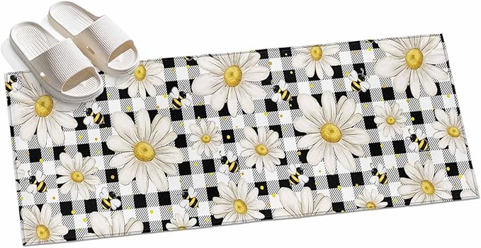 Runner Rug for Bedroom Hallway, Farmhouse Blossom Flower Bee Kitchen Runner Rugs Area Rug 2x6ft, Spring Daisy Black White Plaid Washable Soft Floor Carpet for Entryway Stair