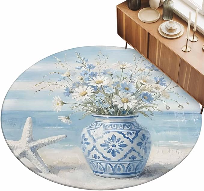 Washable Round Area Rug Summer Beach Starfish Flower Circle Rugs Floor Carpet for Living Room Bedroom, Marine Theme Daisy Vase Soft Non Slip Round Rug 5ft