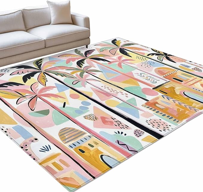Area Rug 4x6ft, Boho Summer Artistic Palm Trees Washable Rugs for Living Room Bedroom, Abstract Buildings Soft Non-Slip Area Rugs Rectangle Floor Carpet for Dining Room