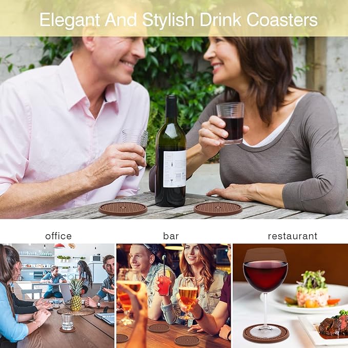 Silicone Coasters for Drinks, Non‑Slip Spill‑Proof Heat Resistant Coasters Set of 4, Reusable Washable Table Protection for Home Decor Kitchen Office, Bar(4Pack,Brown)