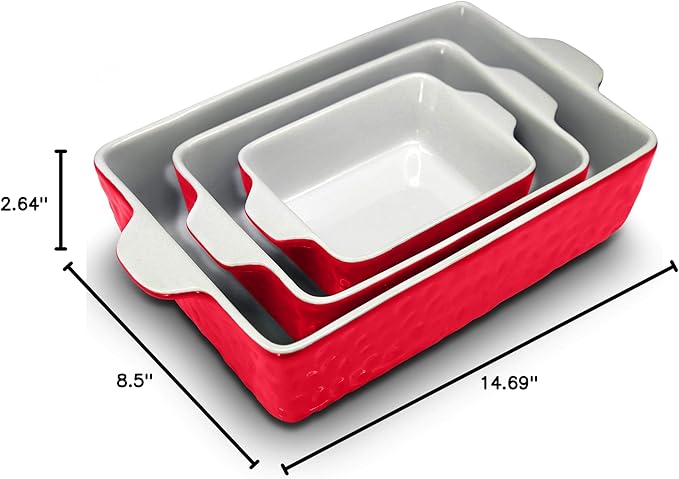 NutriChef 3-Piece Ceramic Casserole Dish for Oven - Premium Lasagna Baking Pans w/ Nonstick Coating & Built-In Handles - Dishwasher & Microwave Safe - 14" x 8", 10" x 6", 7" x 5" - Red